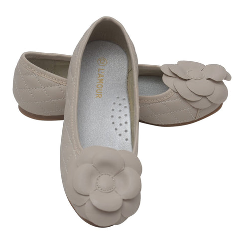 L'Amour Girls Cream Quilted Flower Ballet Trendy Flats 7-10 Toddler - SophiasStyle.com